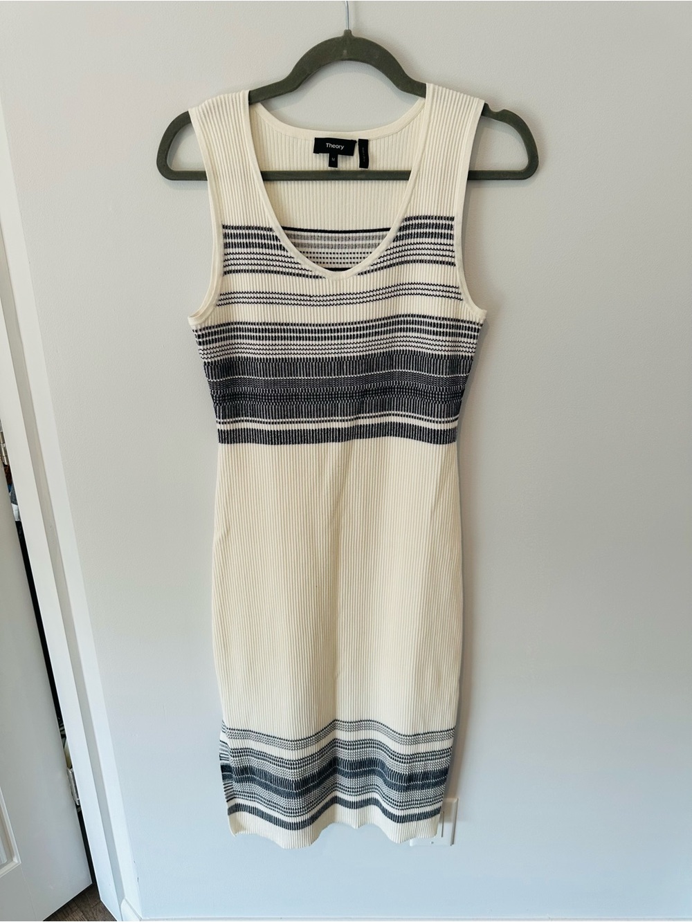 Theory Ribbed Cream Midi Tank Dress with Black Stripe Detail